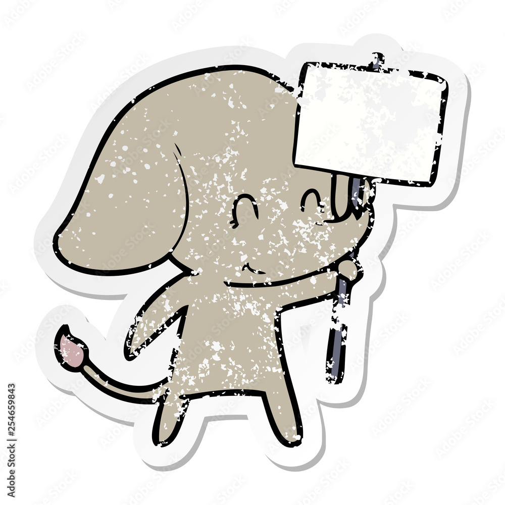 Obraz premium distressed sticker of a cute cartoon elephant with sign