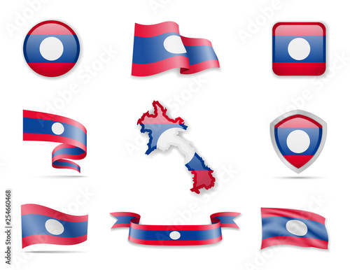 Laos flags collection. Vector illustration set flags and outline of the country.