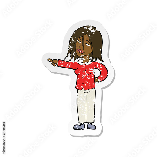 retro distressed sticker of a cartoon woman pointing