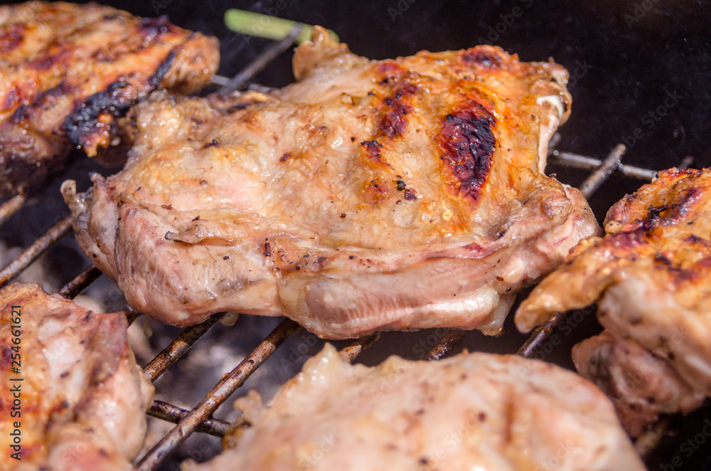 Chicken steak on the grill. Cooking chicken on the barbeque with charcoal in garden. Chicken steak on the grill. Cooking chicken on the barbeque with charcoal in garden.