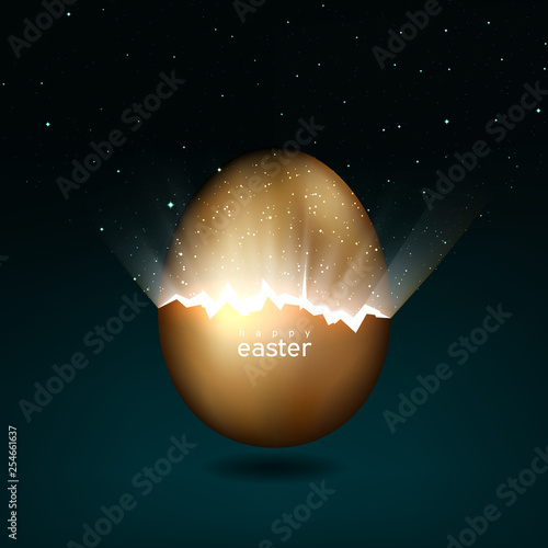 Broken golden easter egg giving birth to the universe. Rays of light and stars from cracks in an easter egg of gold on a dark background. Vector, creative greeting card design