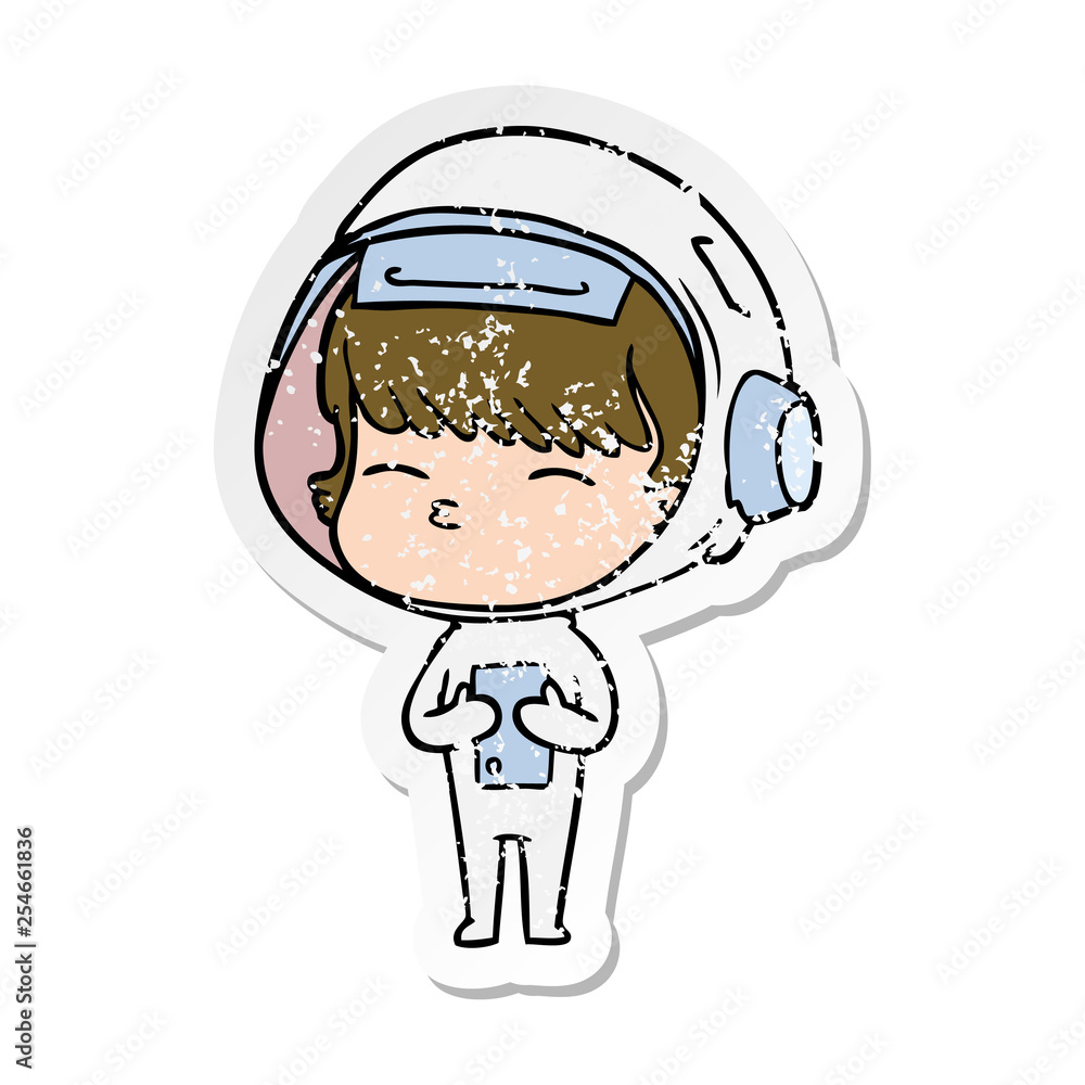 distressed sticker of a cartoon curious astronaut distressed sticker of a cartoon curious astronaut