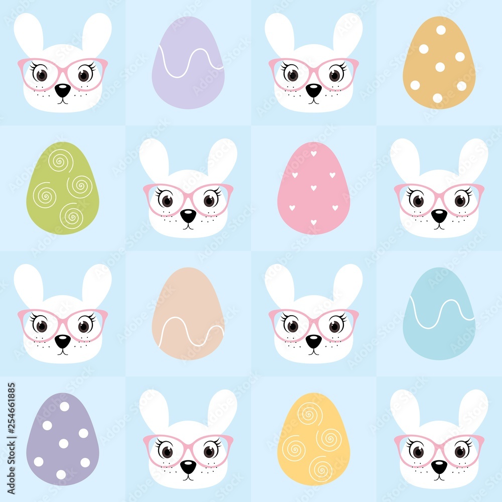 Kawaii easter bunny girl with pink spectacles and decorated eggs seamless pattern