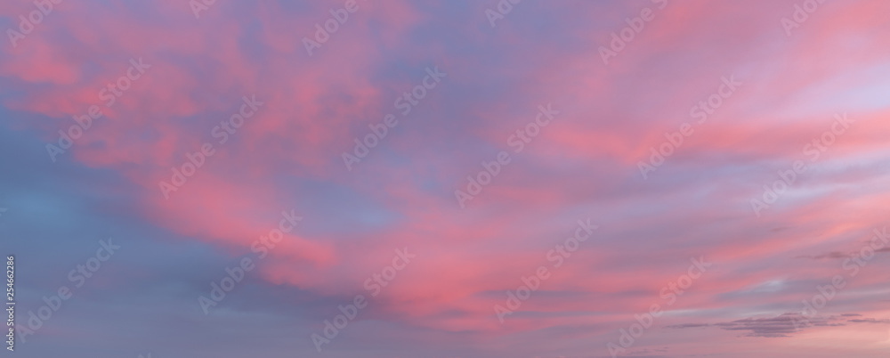 Sunset or sunrise sky clouds, a beautiful pink, purple and blue sky with clouds. Natural cloudscape background. Panoramic view.
