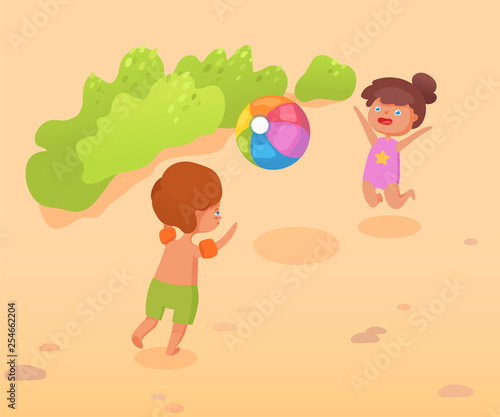 Kids play on beach flat vector color illustration