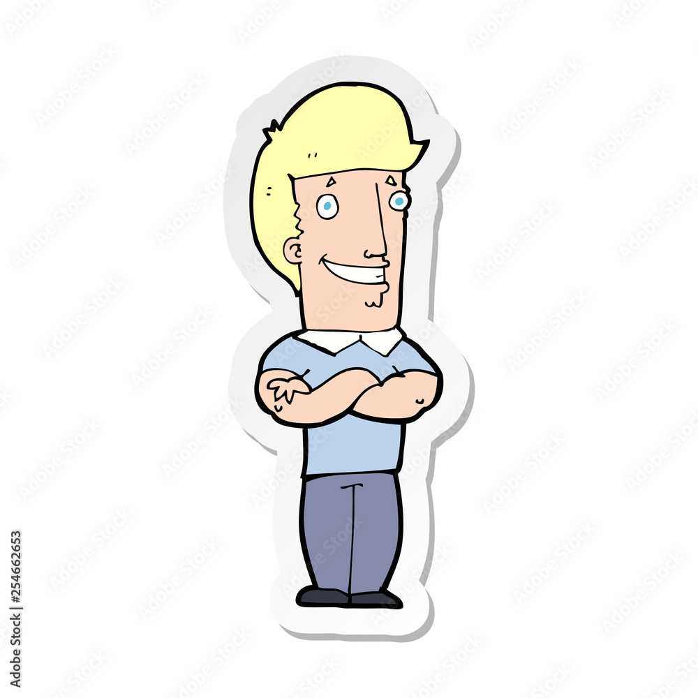 sticker of a cartoon man with folded arms grinning sticker of a cartoon man with folded arms grinning