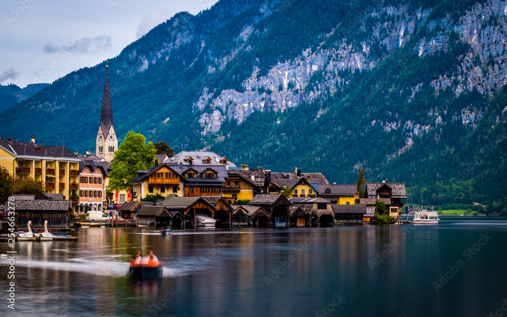Amazing scenery of austrian town Hallstatt at the lake and high mountains