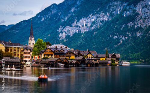 Amazing scenery of austrian town Hallstatt at the lake and high mountains