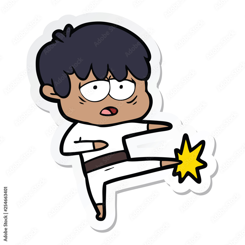 sticker of a cartoon exhausted boy doing karate sticker of a cartoon exhausted boy doing karate
