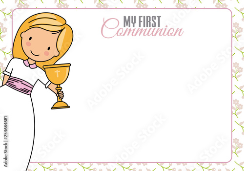 First communion card. Child with chalice and space for text