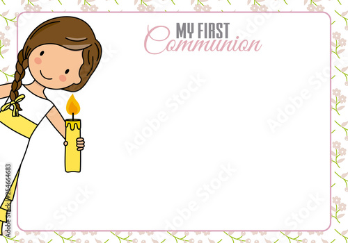 First communion card. Girl with candle and space for text