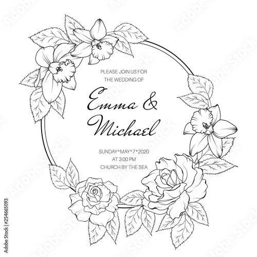 Floral wreath round frame rose peony narcissus daffodil spring flowers. Beautiful wedding invitation card.