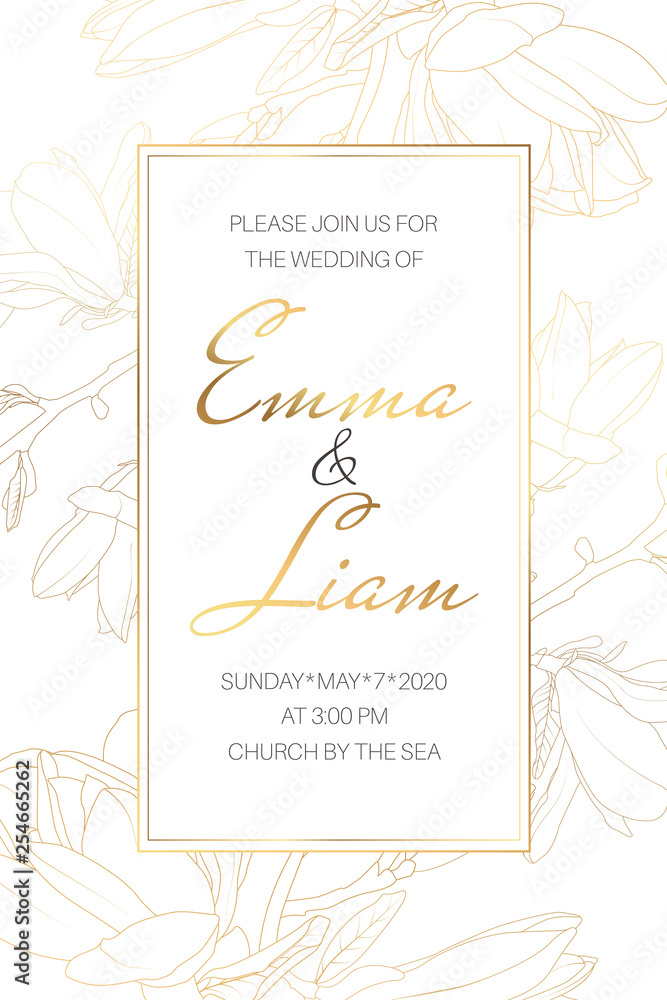 Wedding marriage event invitation card template. Spring magnolia garden flowers. Detailed outline drawing.