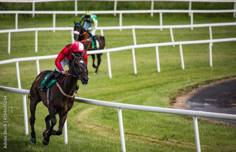 Lead race horse and jockey sprinting towards the finish line Lead race horse and jockey sprinting towards the finish line