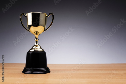 success and winner concept, golden trophy on wooden desk over dark background.copy space for text