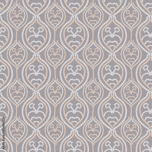 Embroidery needlework damask seamless vector pattern. Hand stitch classic victorian style motif . Textile, fashion or wallpaper allover print. Muted grey soft pink backdrop. Quilting stitch template
