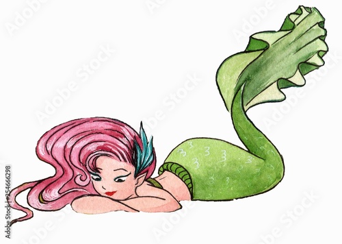 Little mermaid on a white background with pink hair and a green fish tail lying on her stomach and looking down