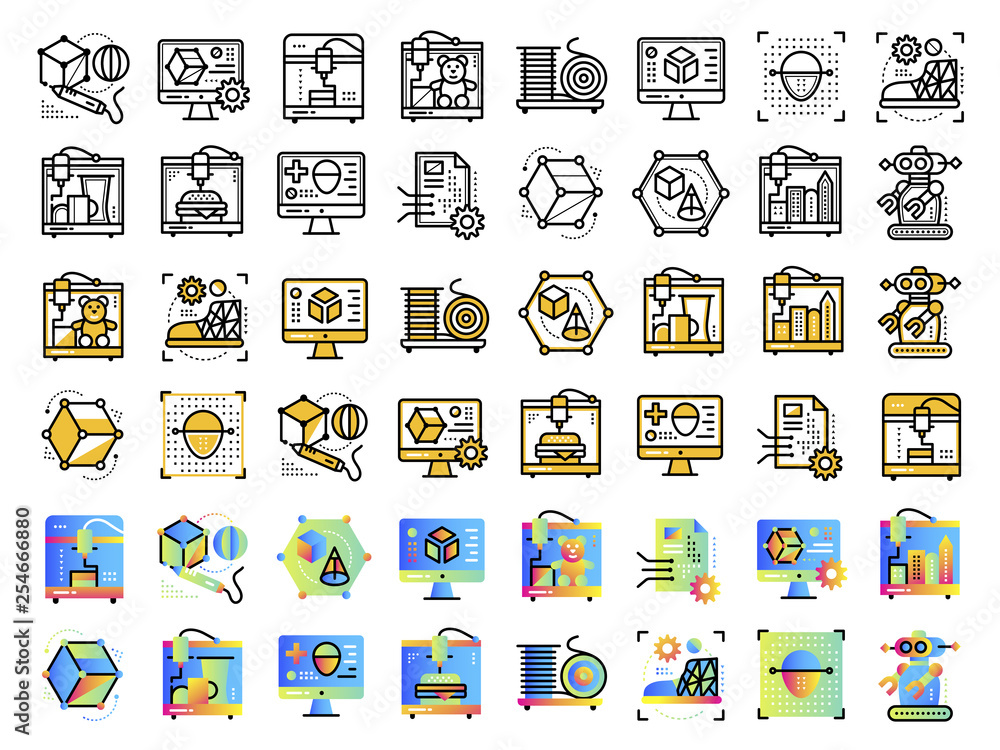 Linear icon set of 3D printing and 3D modeling. Suitable for presentation, mobile apps, website, interfaces and print Linear icon set of 3D printing and 3D modeling. Suitable for presentation, mobile apps, website, interfaces and print