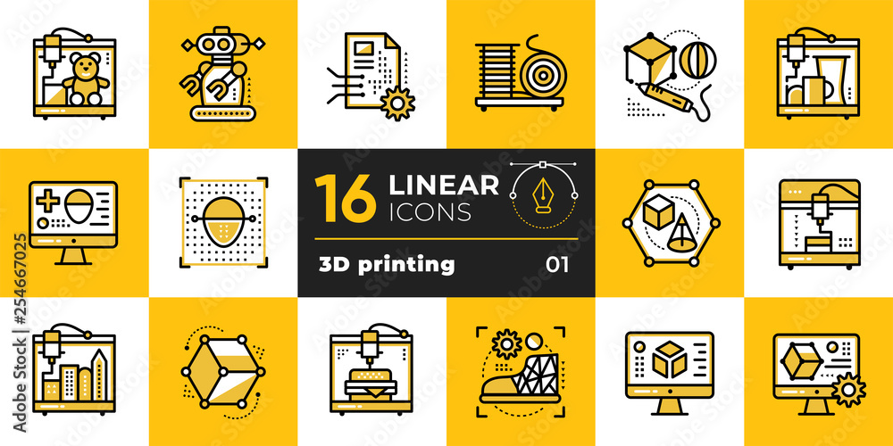 Linear icon set of 3D printing and 3D modeling. Suitable for ...