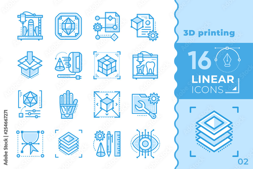 Linear icon set of 3D printing and 3D modeling. Suitable for ...