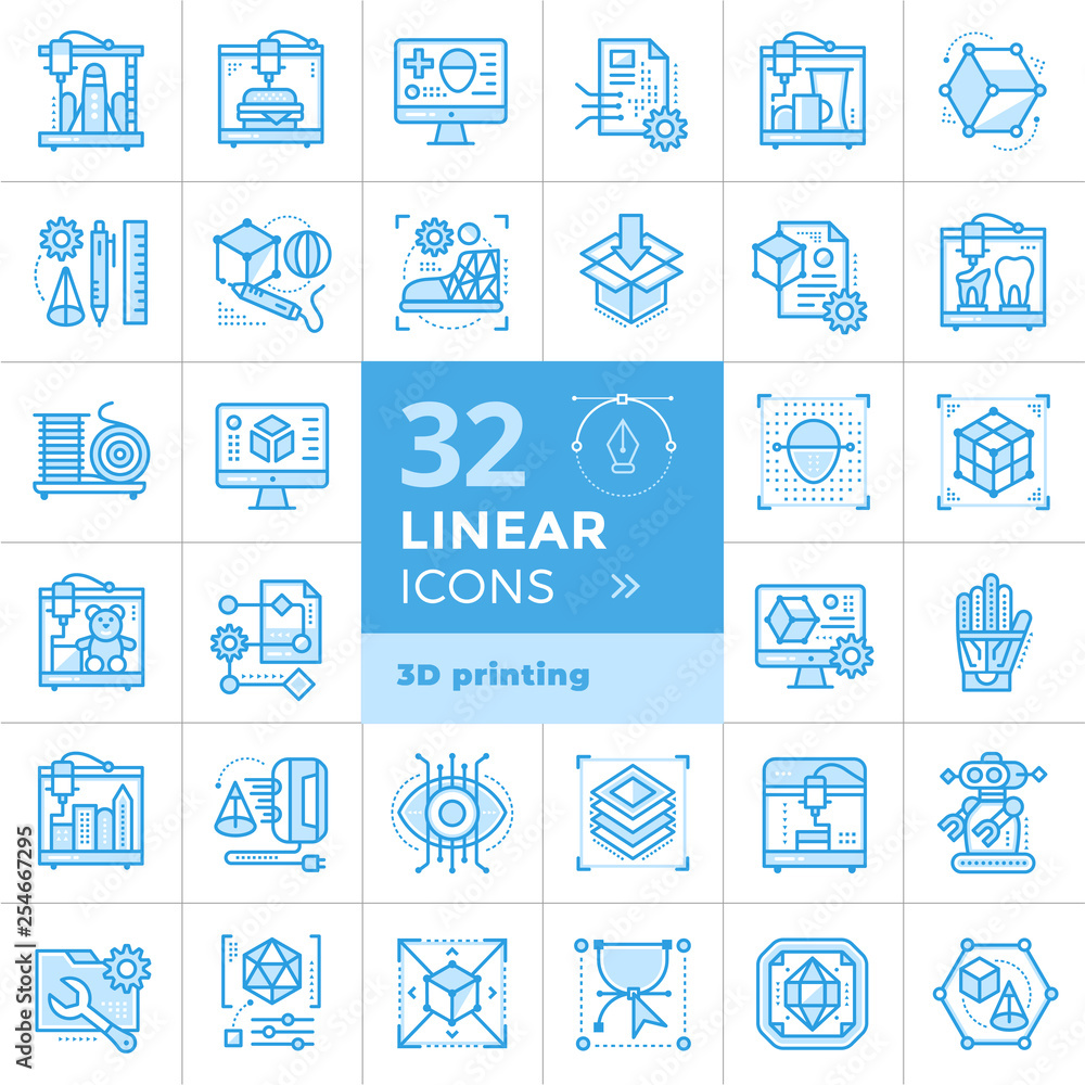 Collection of linear icons, 3D printing and 3D modeling. Suitable for presentation, mobile apps, website, interfaces and print