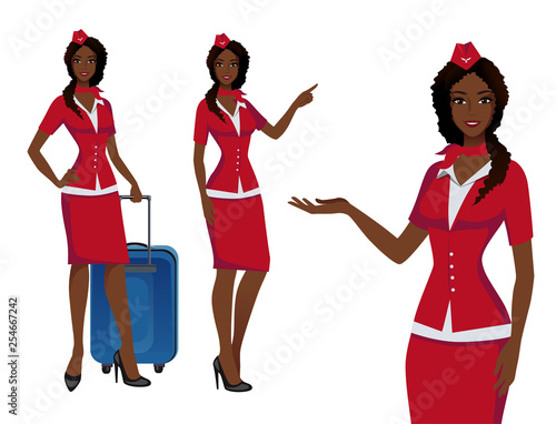 Stewardess in red uniform. Flying attendants, air hostess pointing on information or standing with bag. Pretty profession stewardess cartoon character for infographics. Vector illustration.