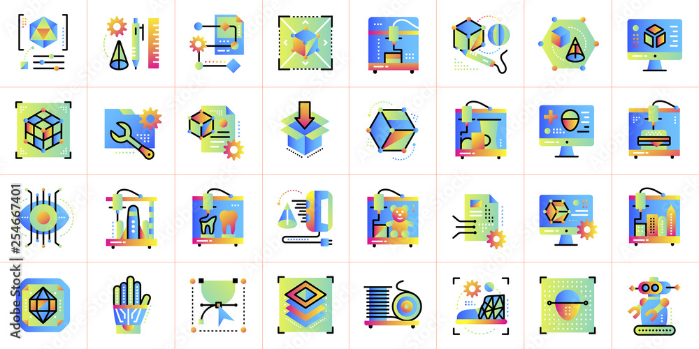 Collection of gradient icons, 3D printing and 3D modeling. Suitable for infographics, websites, print media and interfaces Collection of gradient icons, 3D printing and 3D modeling. Suitable for infographics, websites, print media and interfaces