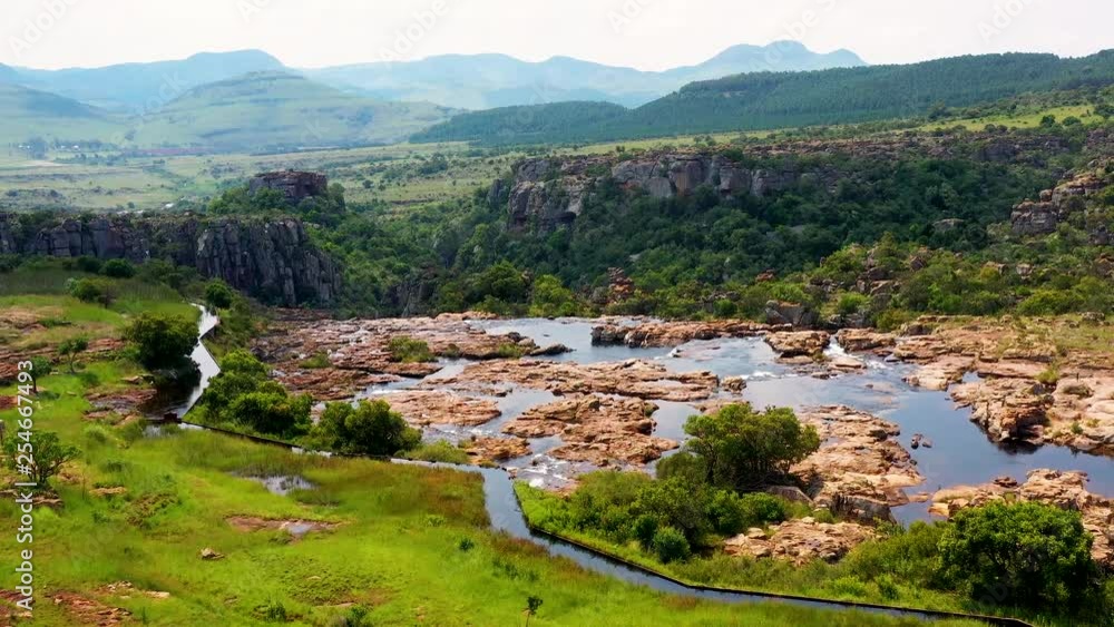 river (Three Rondavels in the Blyde River Canyon) in aerial view, South Africa