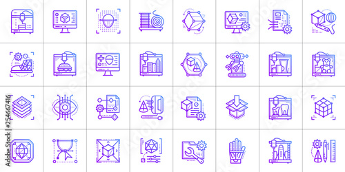 Gradient outline icons set of 3D printing and 3D modeling. Suitable for infographics, websites, print media and interfaces