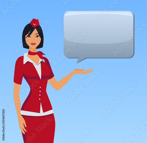 Stewardess in red uniform. Flying attendants, air hostess pointing on information or standing with bag. Pretty profession stewardess cartoon character for infographics. Vector illustration.