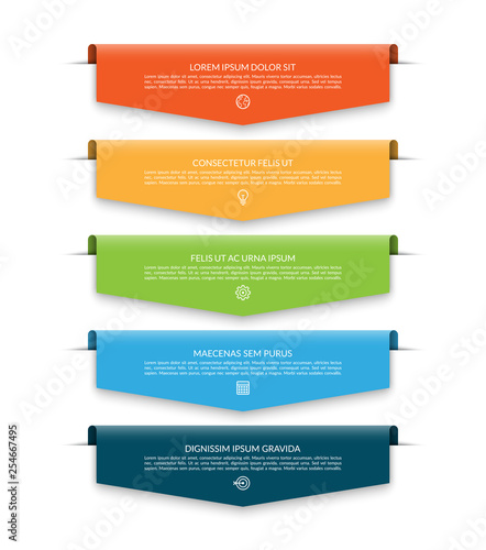 Infographic banner with 5 colorful arrows, labels, tags. Origami style. Can be used for diagram, numbers options, chart, report, web design