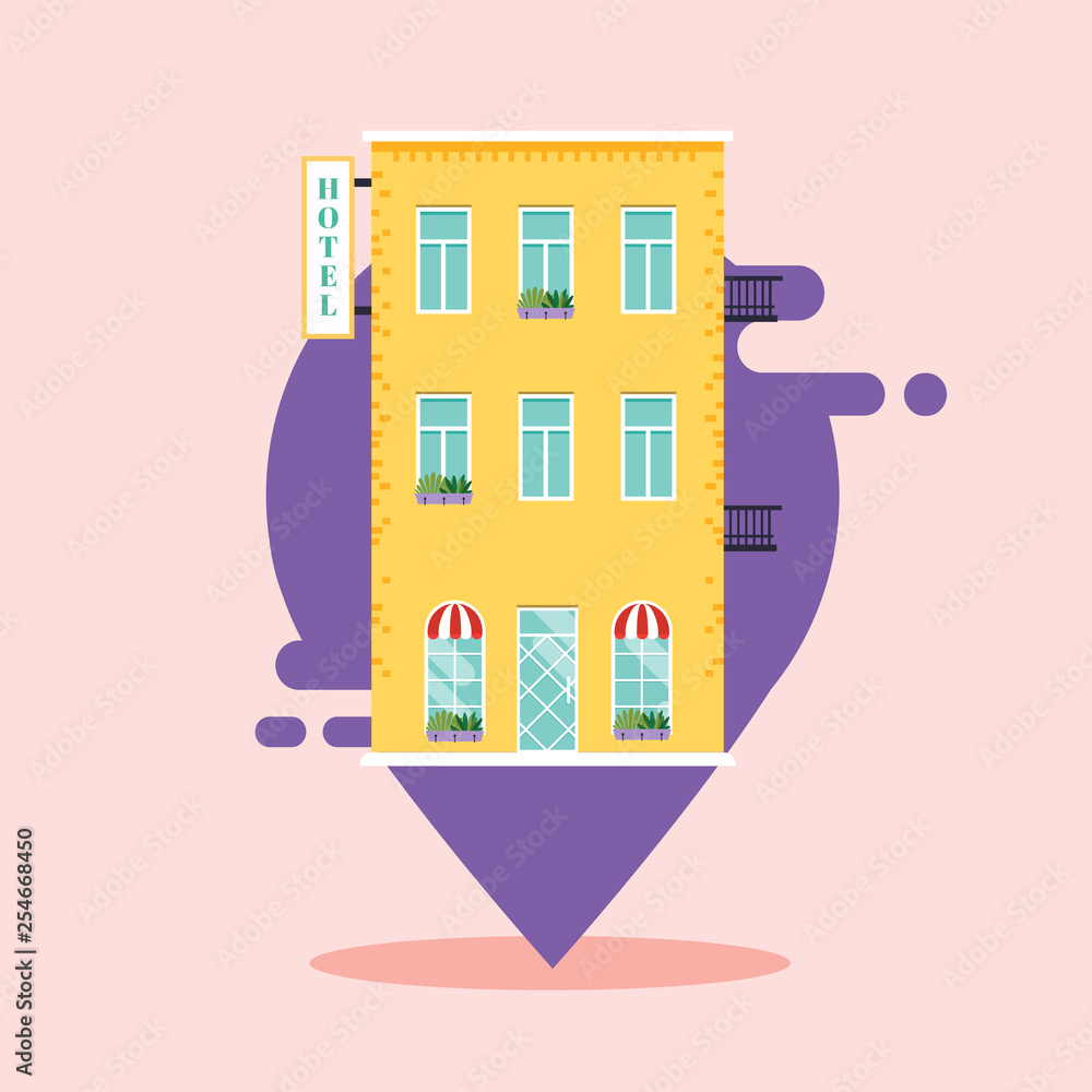 Concept of hotel search. ind hotel on city map. Flat design style modern vector illustration concept.