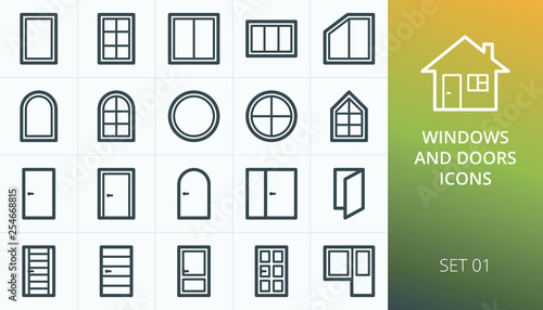 Windows and doors icons set. Set of wooden doors, pvc windows, round and circle window, plastic and glazed doors, main entrance front door isolated vector icons