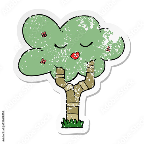 distressed sticker of a cartoon tree with face