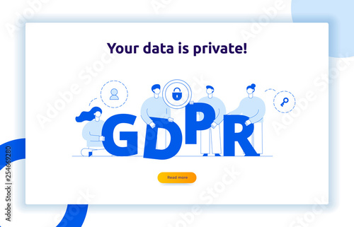 GDPR concept illustration with big modern people, privacy icons, letters. General Data Protection Regulation  web banner. Vector website hero image design template