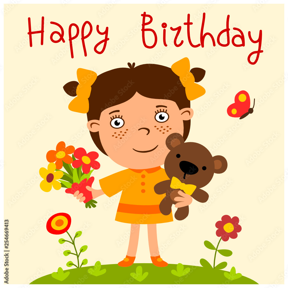 Cute girl in cartoon style with teddy bear and flowers - happy birthday ...