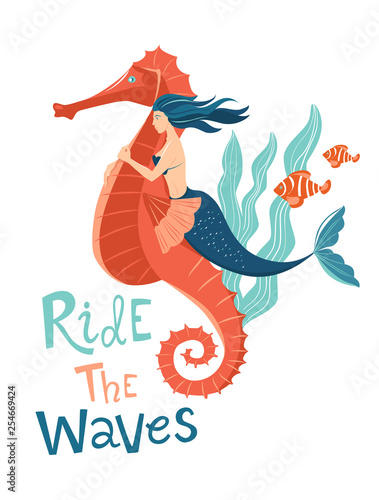 Mermaid riding sea horse. Ocean child lettering. Marine mythical creature