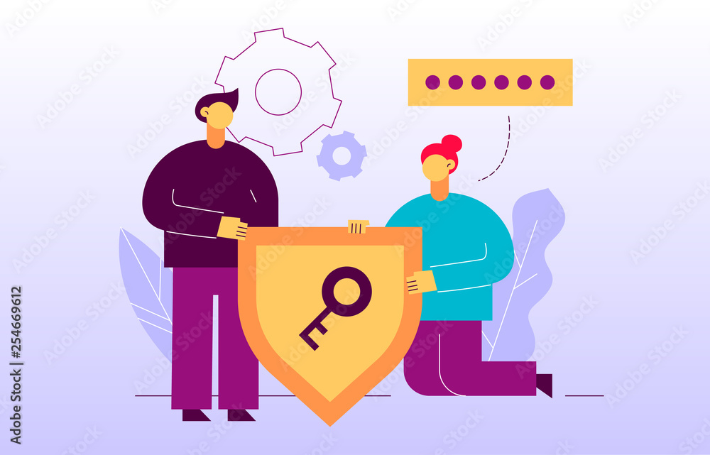 Vector data encryption web page online banner template with man and woman holding key icon. Privacy concept illustration
