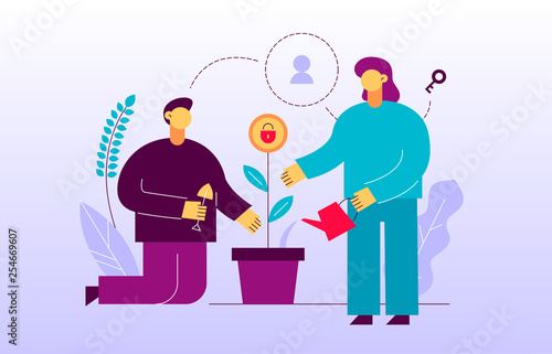 Vector data encryption web page online banner template with man and woman taking care about privacy plant. Protection  concept illustration