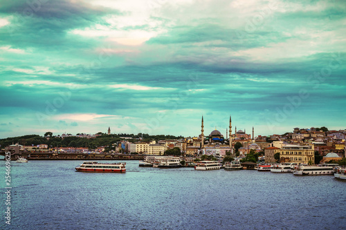 Scenic view of coastline of Istanbul, Eminonu pier and New Mosque, Turkey