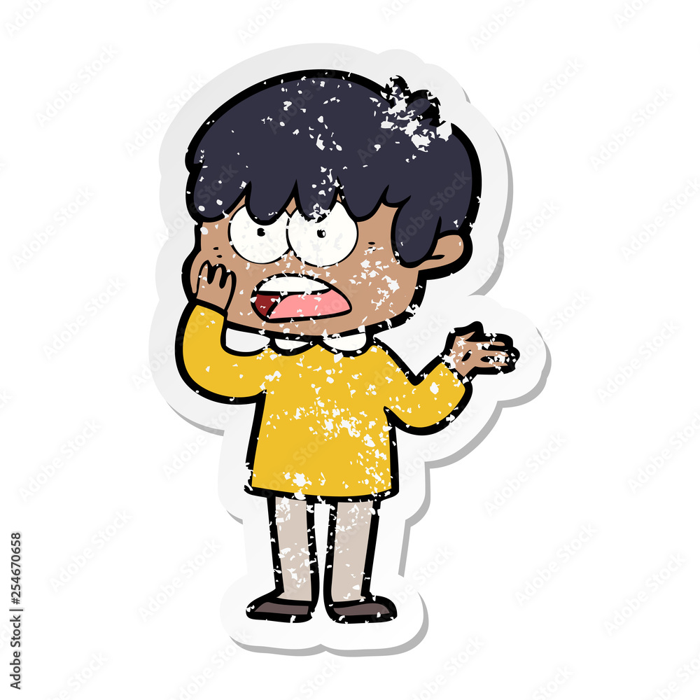 distressed sticker of a worried cartoon boy distressed sticker of a worried cartoon boy