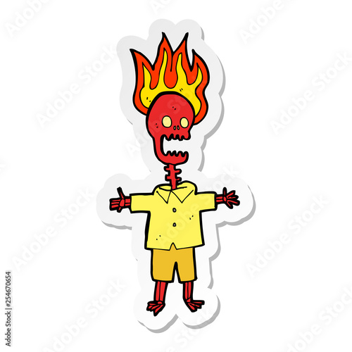 sticker of a cartoon flaming skeleton