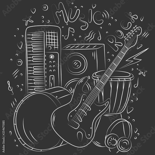Hand drawn music background. Doodle musical instruments. Retro musical equipment. Vector illustration. Sketch style. Rock music. Poster or t-shirt design. Chalk board.