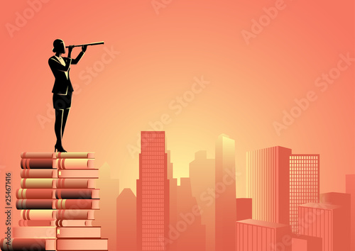 Woman using telescope standing on pile of books