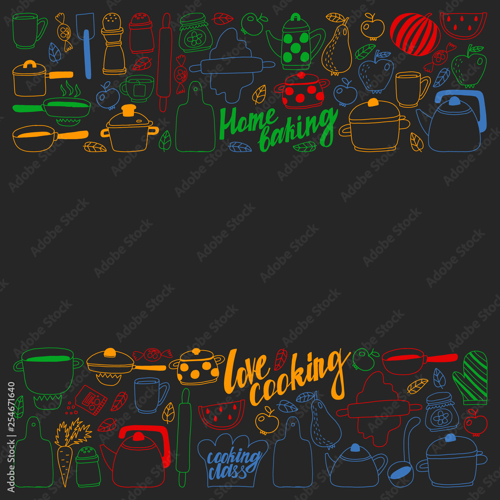 Vector set of children's kitchen and cooking drawings icons in doodle style. Painted, colorful, pictures on a piece of paper on blackboard. Vector set of children's kitchen and cooking drawings icons in doodle style. Painted, colorful, pictures on a piece of paper on blackboard.