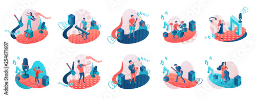 Musicians 3d isometric set with trendy memphis geometric patterns, music band artists, jazz fesival background, singer, guitar, piano, cartoon collection of musical people, blue and coral color