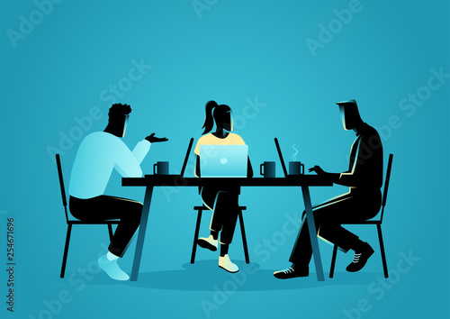 Young people in casual wear working at a coffee shop