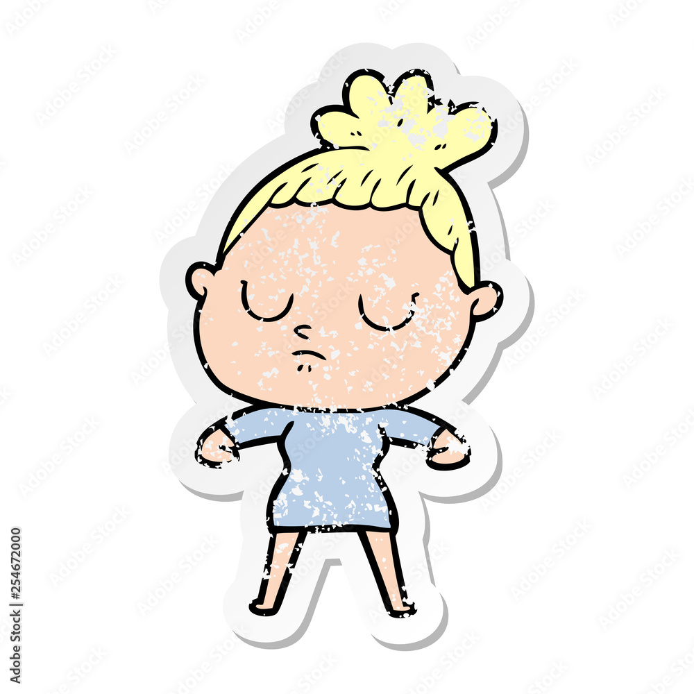 distressed sticker of a cartoon calm woman distressed sticker of a cartoon calm woman