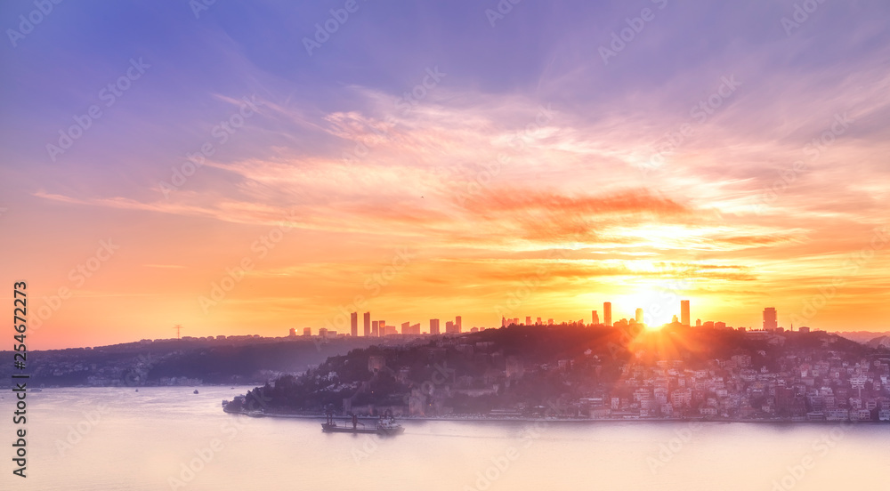 View down to the Bosphorus and the city of Istanbul at sunset. Turkey. Istanbul.