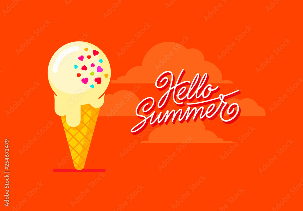 Hello summer poster with text, cute ice cream and clouds. Hand lettering Hello summer sign and cartoon ice cream decorated with hearts. Flat style illustration for animation, site, print and web. Hello summer poster with text, cute ice cream and clouds. Hand lettering Hello summer sign and cartoon ice cream decorated with hearts. Flat style illustration for animation, site, print and web.
